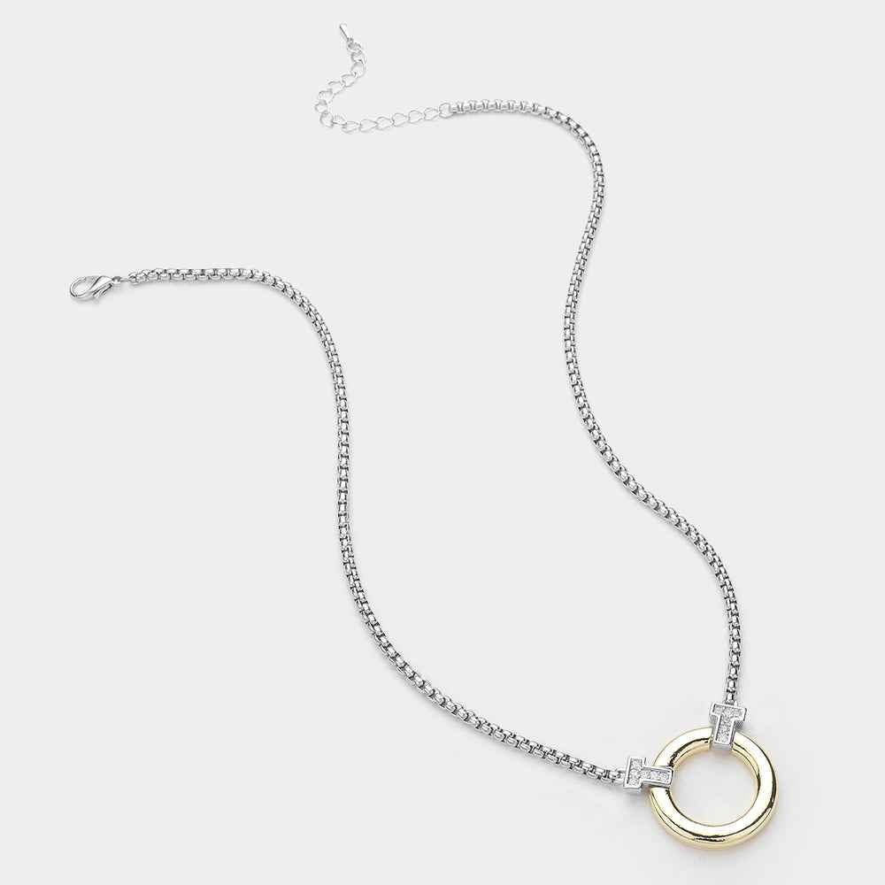 14K Gold Plated Two Tone CZ Stone Paved Pointed Circle Pendant Necklace