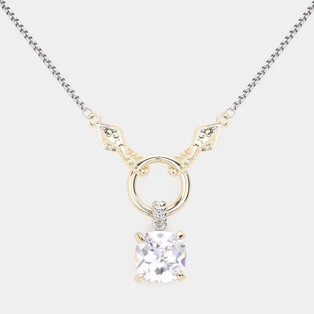 14K Gold Plated Two Tone CZ Stone Pendant Necklace - M H W ACCESSORIES LLC