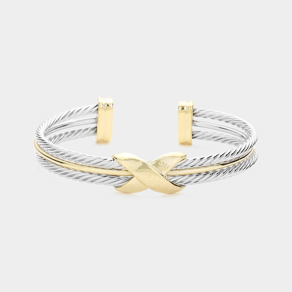 14K Gold Plated Two Tone Crisscross Cuff Bracelet-M H W ACCESSORIES - M H W ACCESSORIES LLC