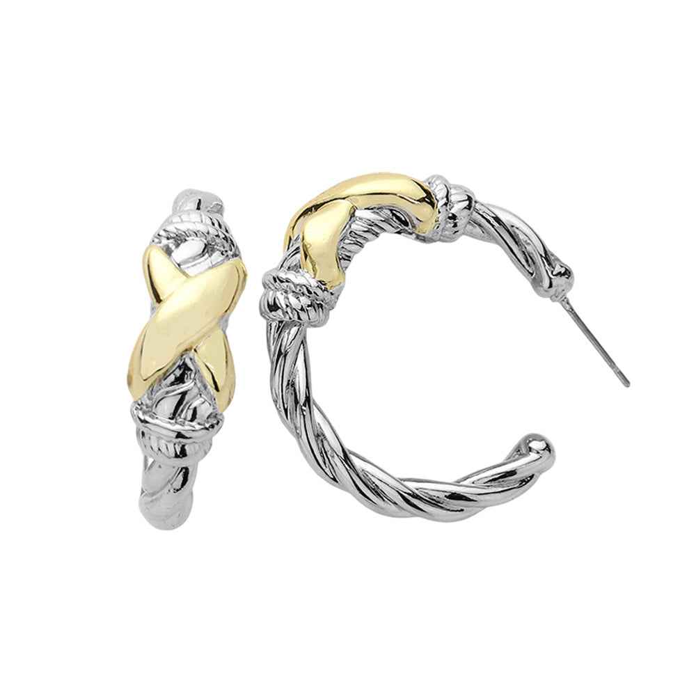 14K Gold Plated Two Tone Crisscross Pointed Hoop Earrings