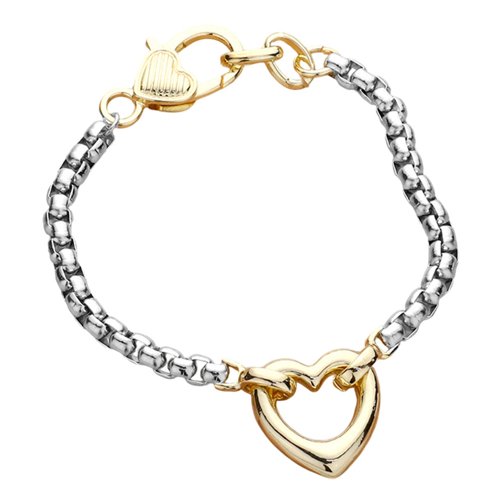 14K Gold Plated Two Tone Heart Charm Pointed Bracelet - M H W ACCESSORIES LLC