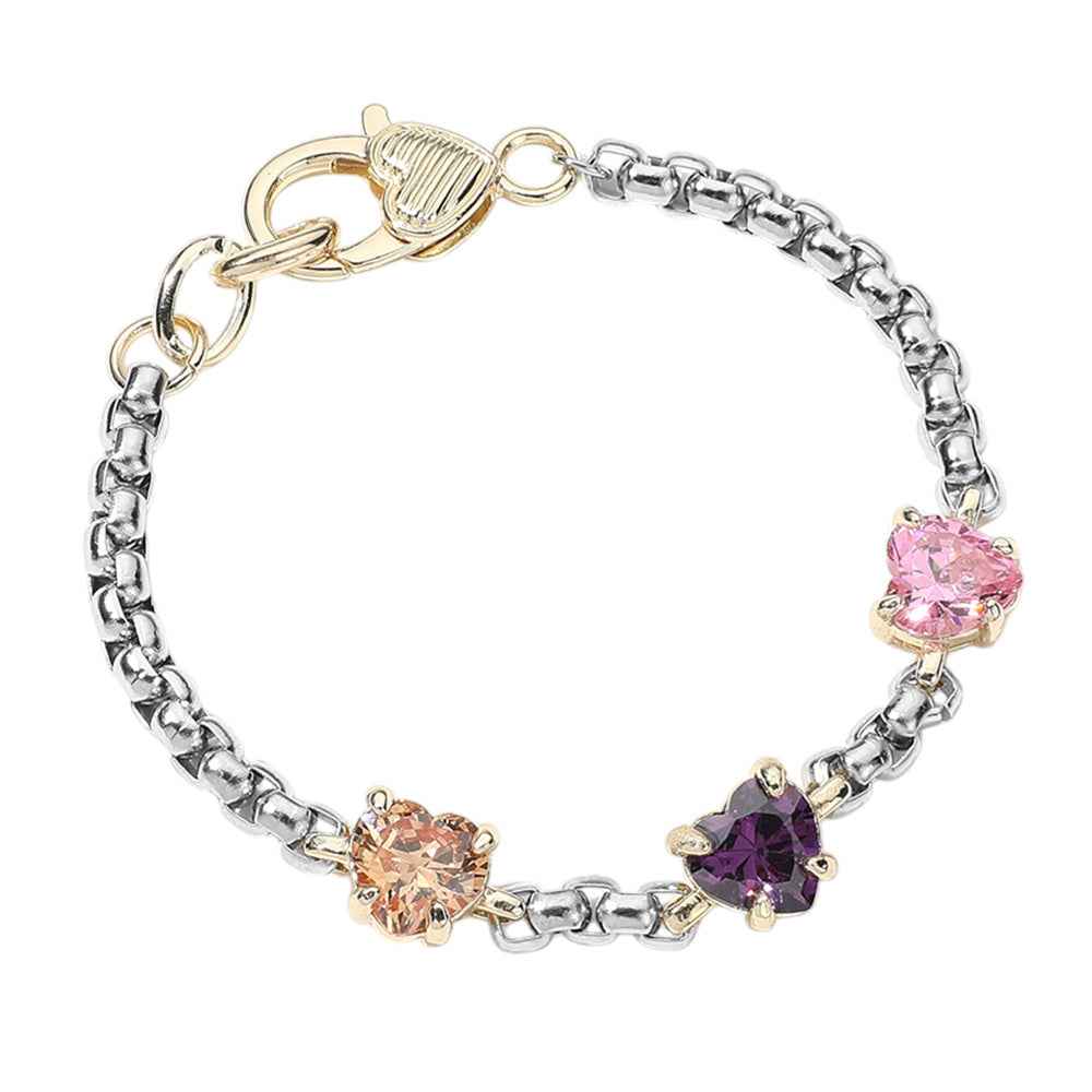 14K Gold Plated Two Tone Multi-Color CZ Heart Custer Bracelet