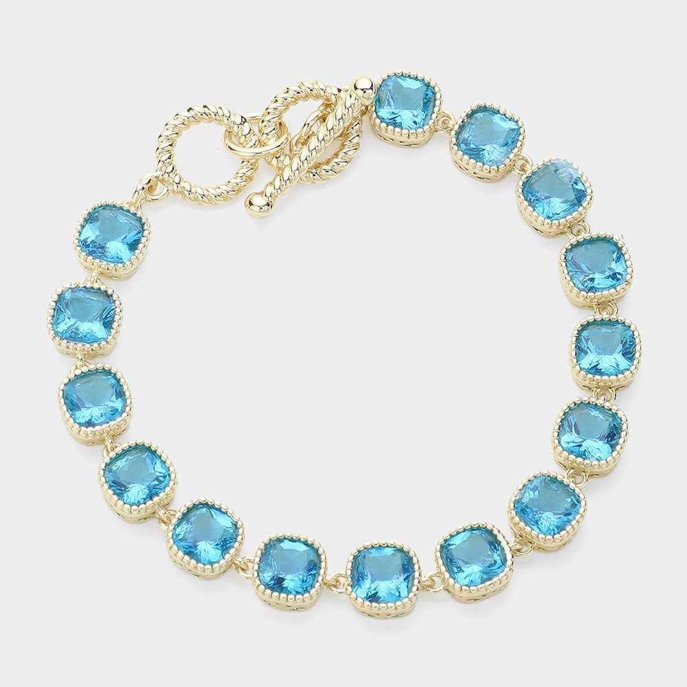14 Karat Gold Plated Aqua Blue Square CZ Stone Link Evening Toggle Bracelet