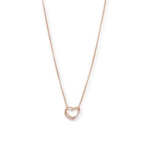 15" + 2" 14 Karat Rose Gold Plated CZ Double Heart Necklace