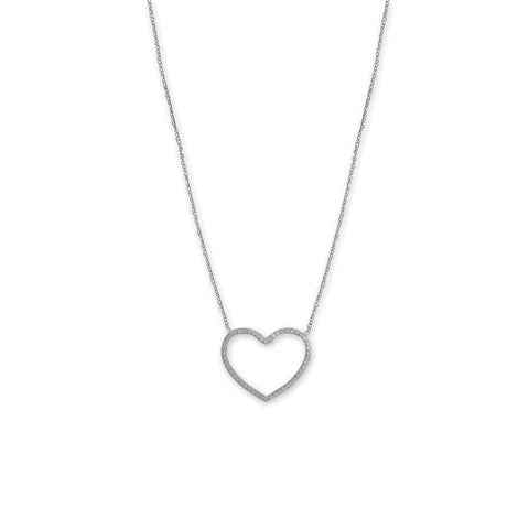 16" + 2" Rhodium Plated Diamond Cut Heart Outline Necklace