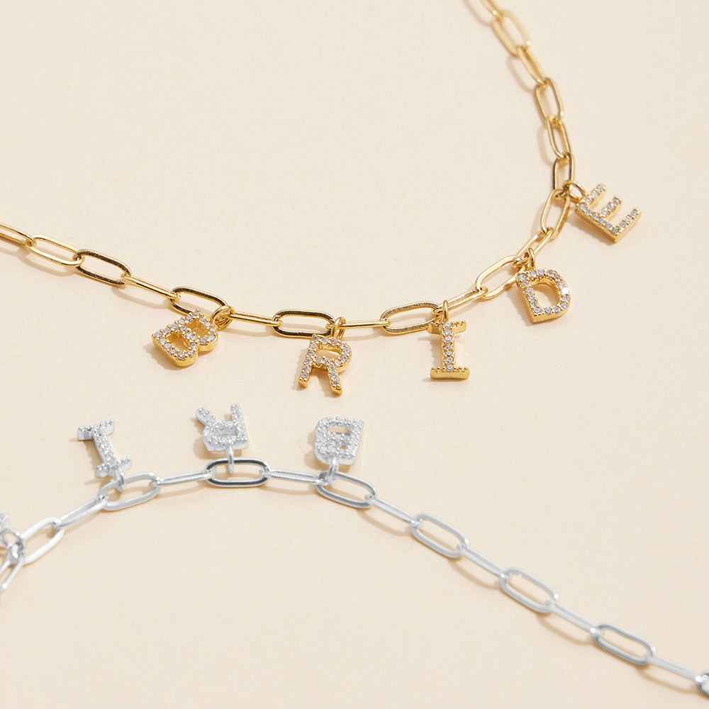 18K Gold Dipped Brass Metal BRIDE Monogram Charm Paper Clip Chain Necklace