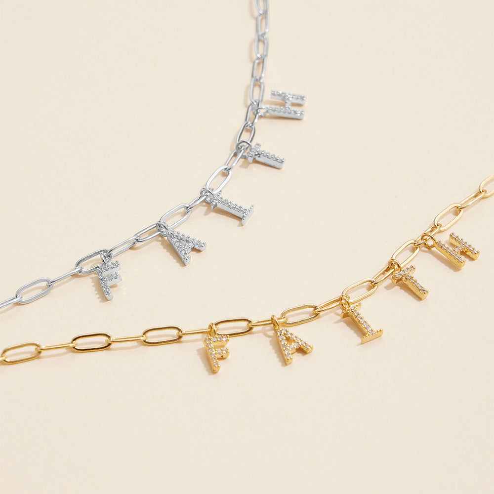 18K Gold Dipped Brass Metal FAITH Monogram Charm Paper Clip Chain Necklace