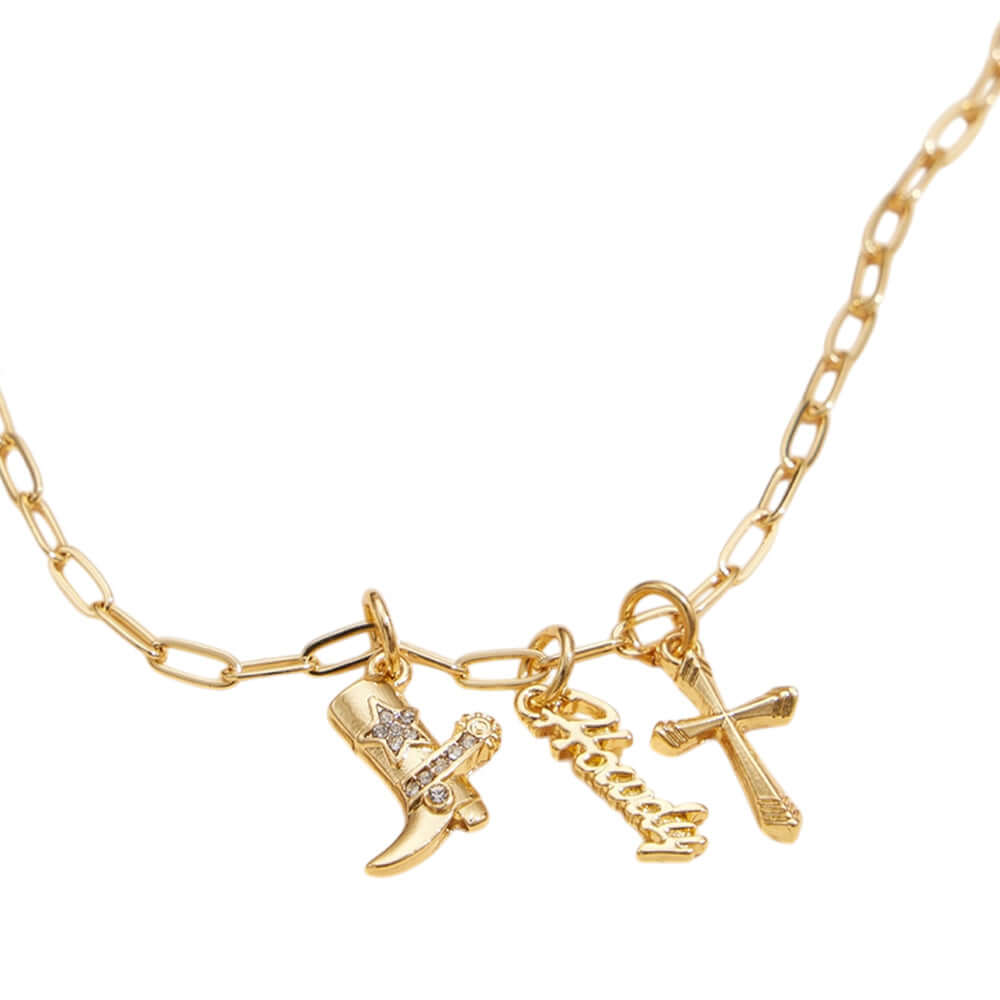 18K Gold Dipped Brass Metal Howdy Message Cross Stone Paved Wester Boot Charm Pendant Paperclip Chain Necklace - M H W ACCESSORIES LLC