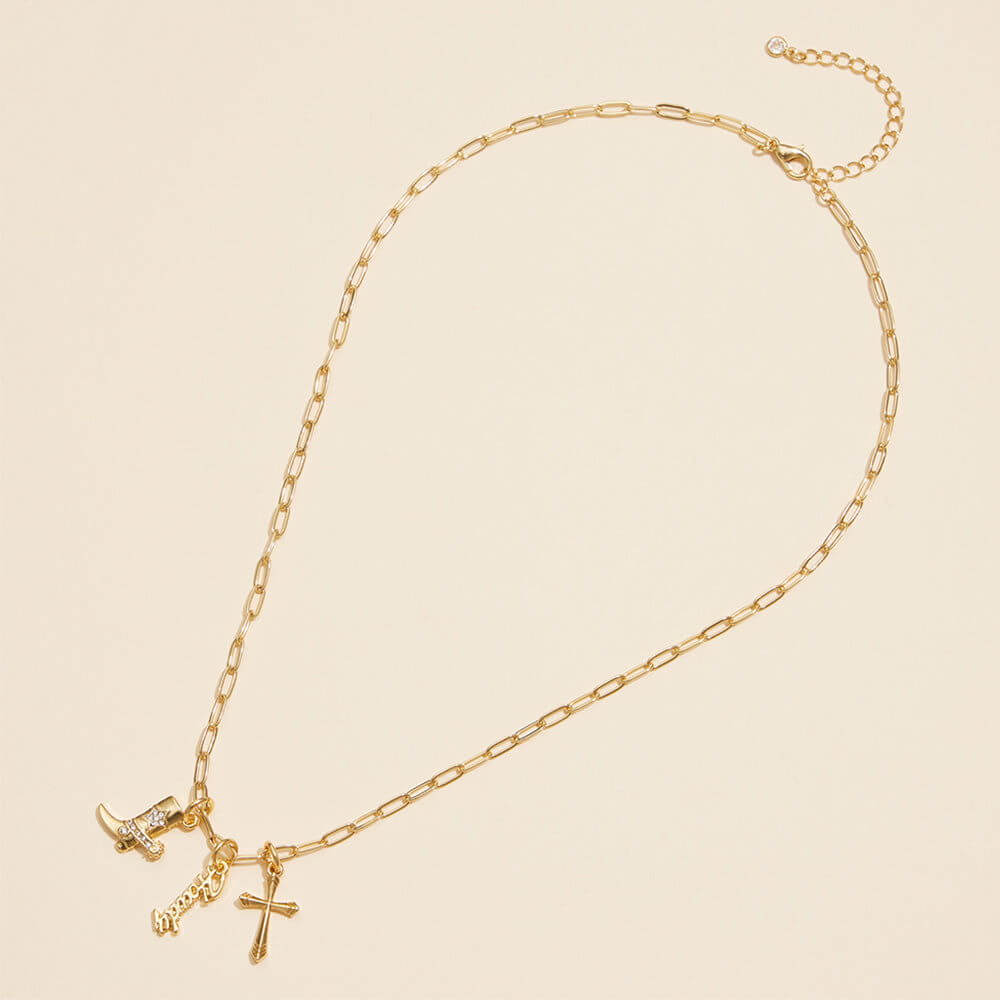 18K Gold Dipped Brass Metal Howdy Message Cross Stone Paved Wester Boot Charm Pendant Paperclip Chain Necklace - M H W ACCESSORIES LLC