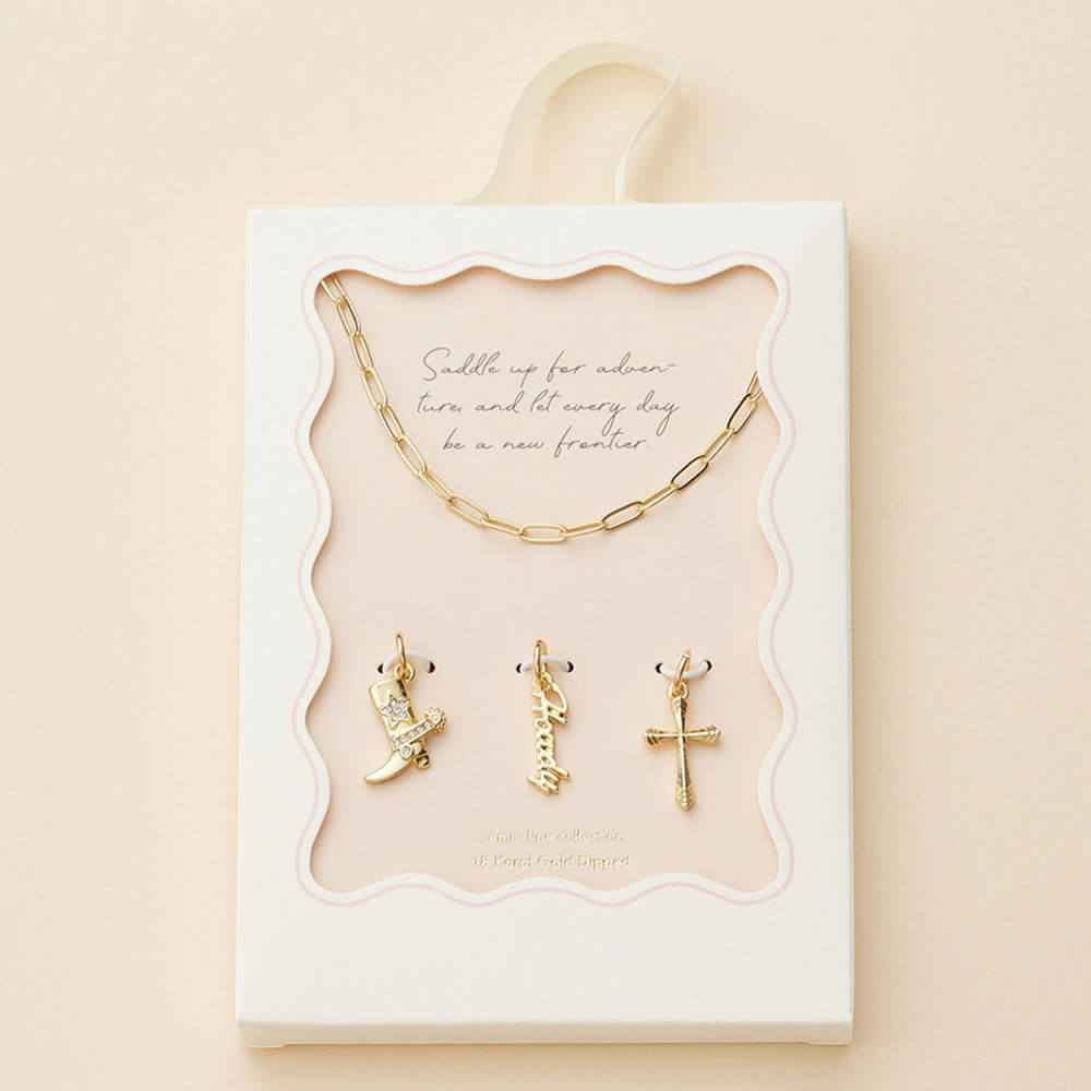 18K Gold Dipped Brass Metal Howdy Message Cross Stone Paved Wester Boot Charm Pendant Paperclip Chain Necklace