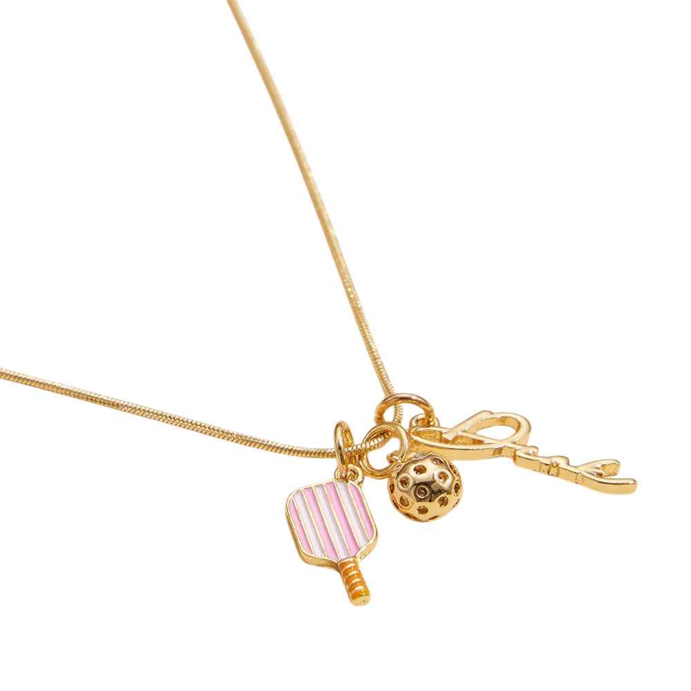 18K Gold Dipped Brass Metal Pickle Ball Paddle Dink Message Charm Pendant Necklace
