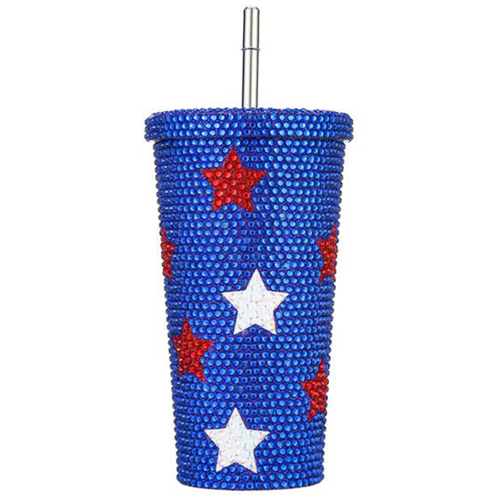 AMERICANA STAR RHINESTONE CRYSTAL BLING TUMBLER CUP WITH STRAW M H W ACCESSORIES LLC AMERICANA STAR RHINESTONE CRYSTAL BLING TUMBLER CUP WITH STRAW