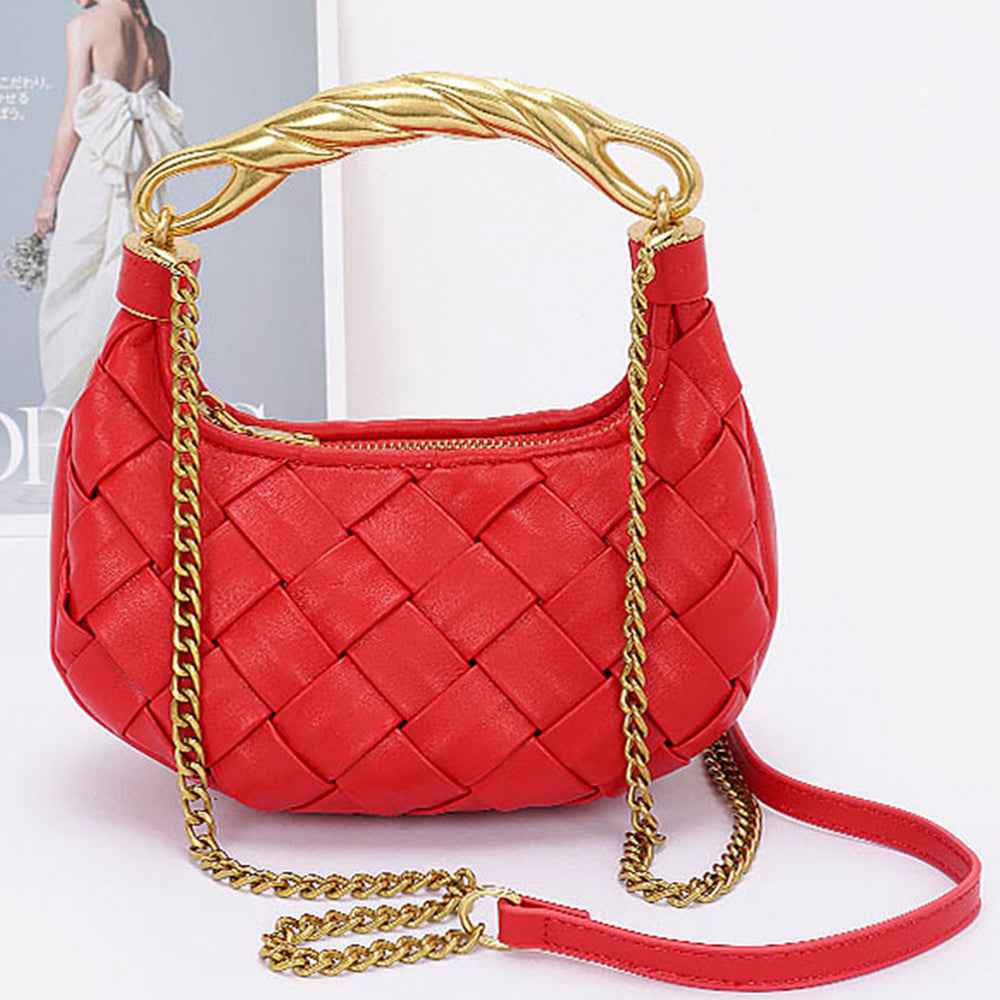 RED & GOLD FAUX LEATHER BRAIDED METAL HANDLE BAG