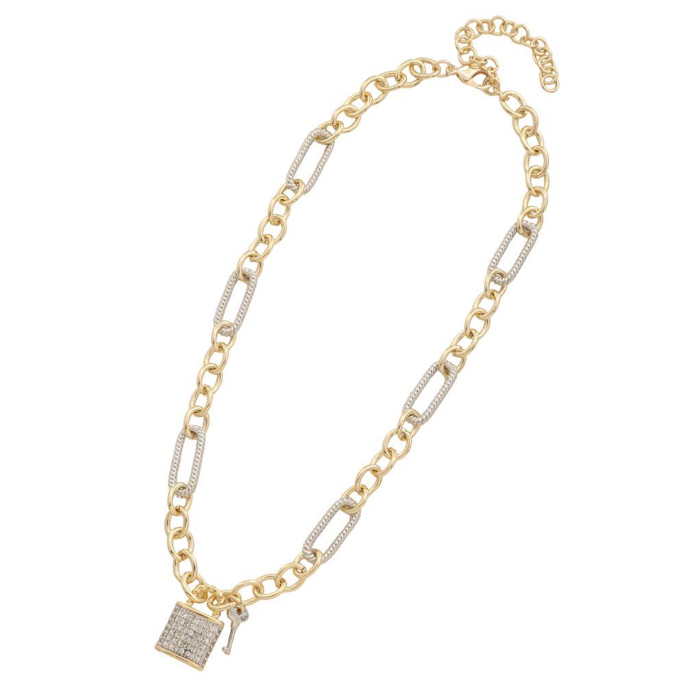 14K PLATED LOCK KEY CHARM TWO TONE NECKLACE M H W ACCESSORIES LLC 14K PLATED LOCK KEY CHARM TWO TONE NECKLACE