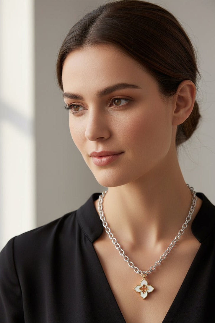 TWO TONE MOP FLOWER STATION NECKLACE M H W ACCESSORIES LLC TWO TONE MOP FLOWER STATION NECKLACE