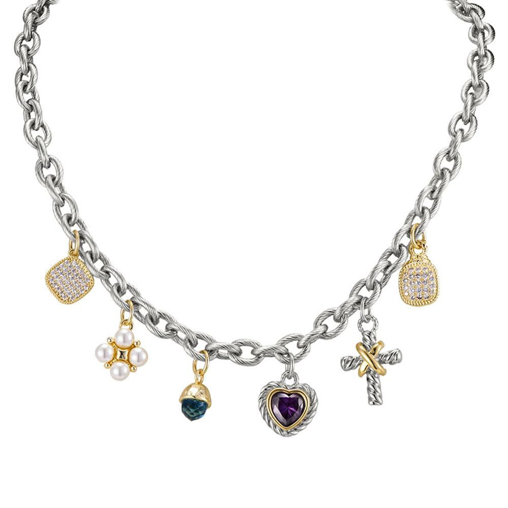 14K White Gold Plated CZ Heart Stone Pearl Cluster Metal Cross Charm Station Necklace M H W ACCESSORIES LLC 14K White Gold Plated CZ Heart Stone Pearl Cluster Metal Cross Charm Station Necklace