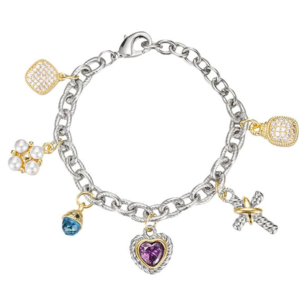 14K Gold Plated CZ Heart Stone Pearl Cluster Metal Cross Charm Station Bracelet M H W ACCESSORIES LLC 14K Gold Plated CZ Heart Stone Pearl Cluster Metal Cross Charm Station Bracelet