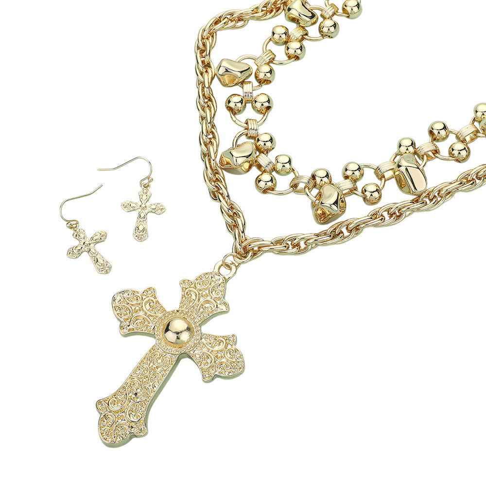 2PCS - Oversized Gold Cross Pendant Pebble Chain Necklace
