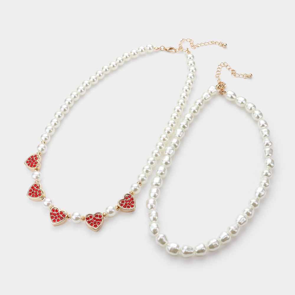 2PCS - Rhinestone Embellished Metal Heart Cream Pearl Necklaces