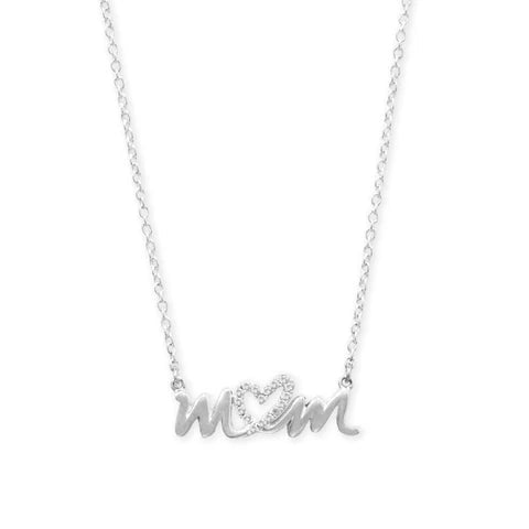 Sterling Silver 16" + 2" 14 Karat Gold Plated CZ Heart "mom" Necklace M H W ACCESSORIES LLC Sterling Silver 16" + 2" 14 Karat Gold Plated CZ Heart "mom" Necklace
