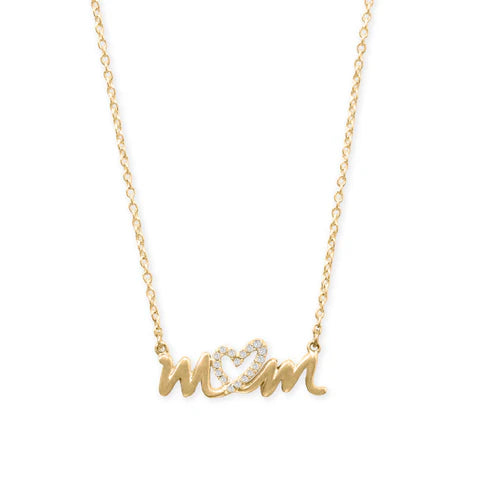 16" + 2" 14 Karat Gold Plated CZ Heart "mom" Necklace M H W ACCESSORIES LLC 16" + 2" 14 Karat Gold Plated CZ Heart "mom" Necklace