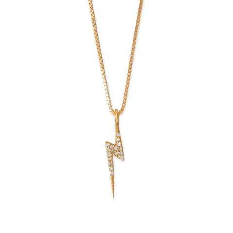 16" 14 Karat Gold Plated Diamond Studded Lightning Bolt Necklace