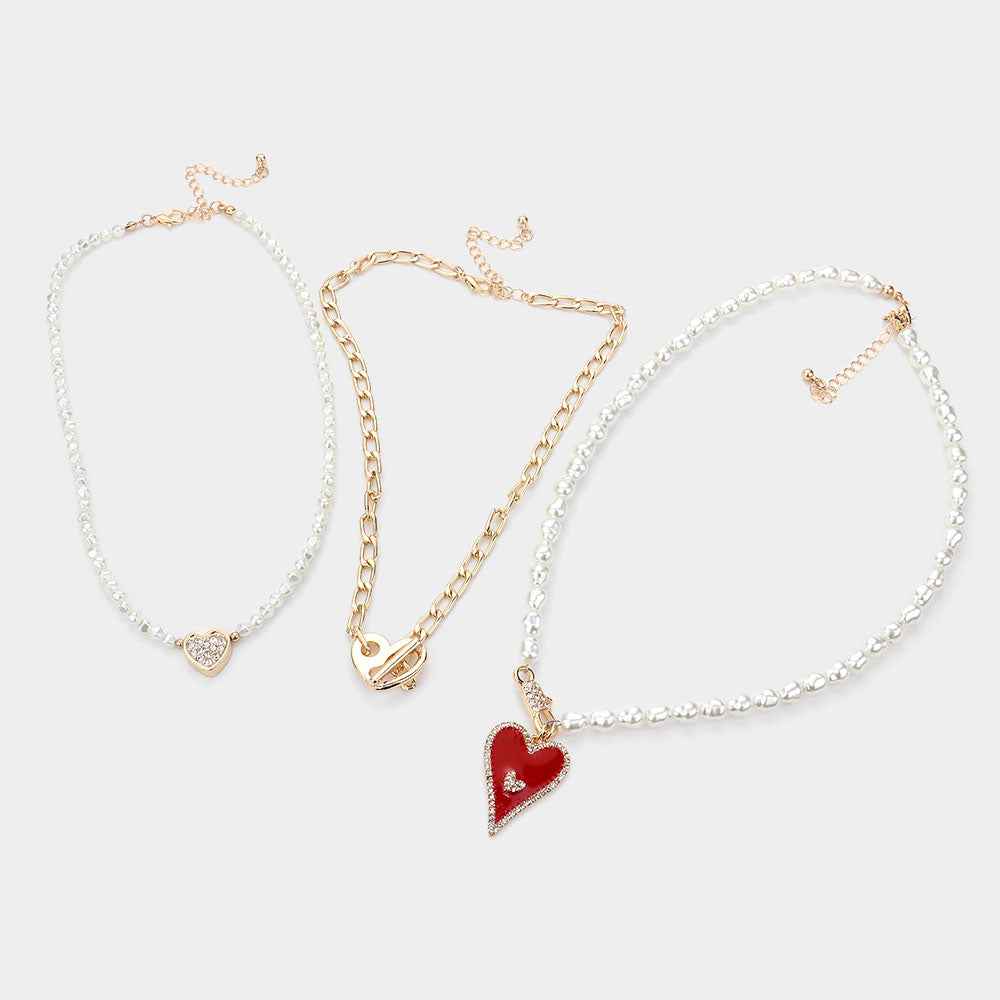 3PCS - Enamel Rhinestone Embellished Metal Heart Pendant Pearl Necklaces