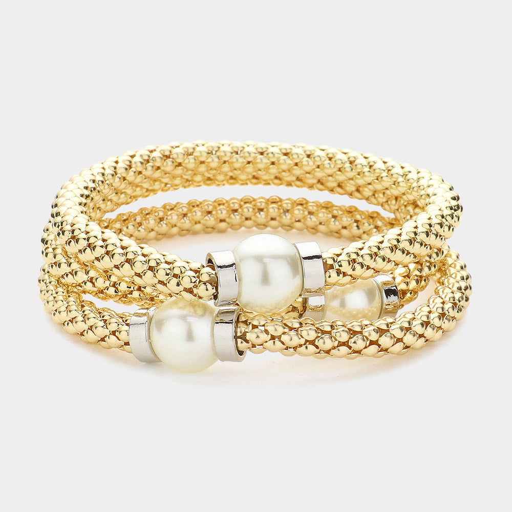 3PCS - Gold Pearl Mesh Metal Stretch Multi Layered Bracelets