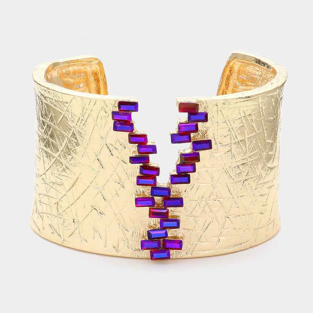 AB Purple Baguette Stone Pointed Textured Metal Cuff Bracelet