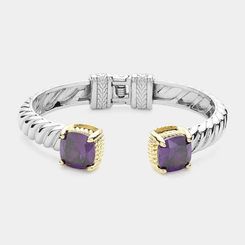 Amethyst CZ Square Tip Two Tone Twisted Metal Hinged Cuff Bracelet - M H W ACCESSORIES LLC