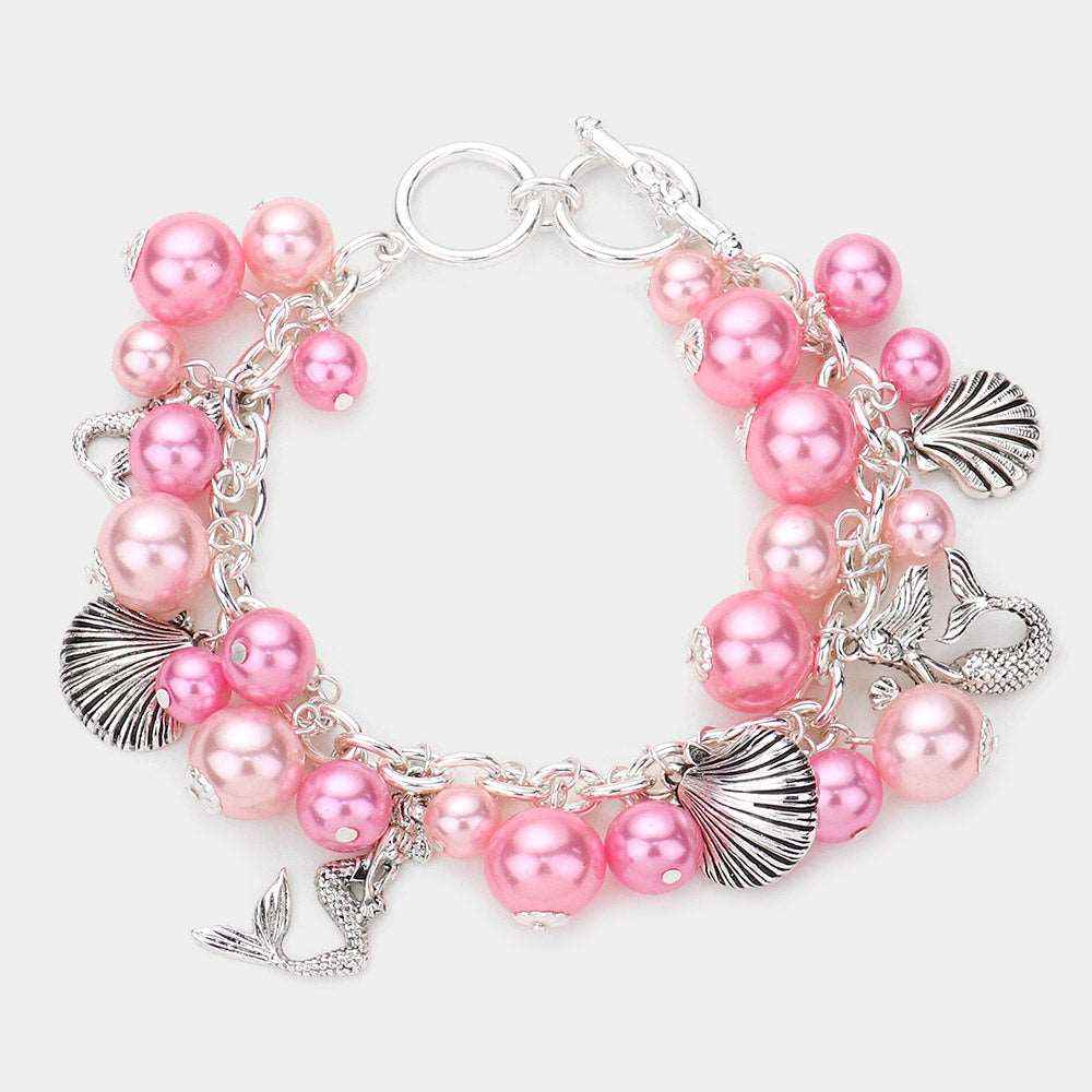 Antique Metal Mermaid Shell Charm Station Pink Pearl Toggle Bracelet