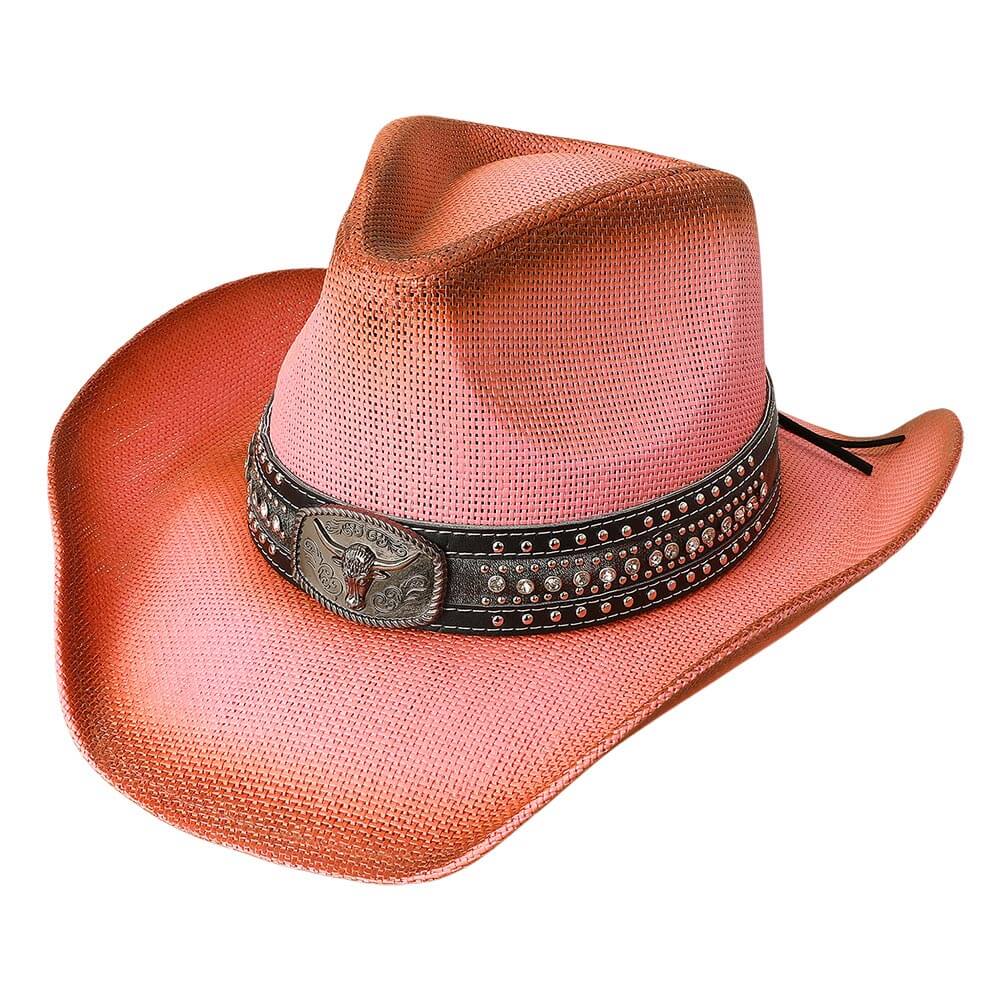 Antique Metal Steer Head Leather Band Western Pink Straw Cowboy Fedora Hat - M H W ACCESSORIES LLC
