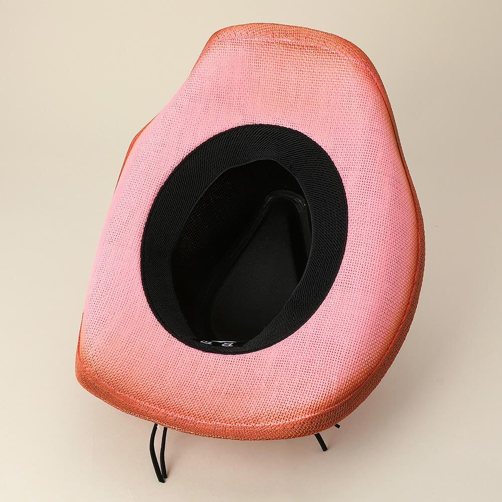 Antique Metal Steer Head Leather Band Western Pink Straw Cowboy Fedora Hat - M H W ACCESSORIES LLC