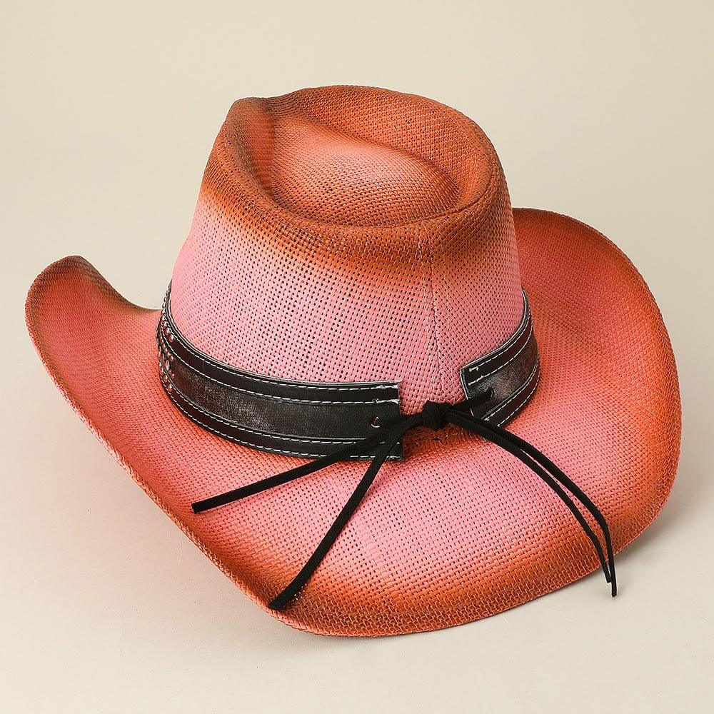 Antique Metal Steer Head Leather Band Western Pink Straw Cowboy Fedora Hat - M H W ACCESSORIES LLC