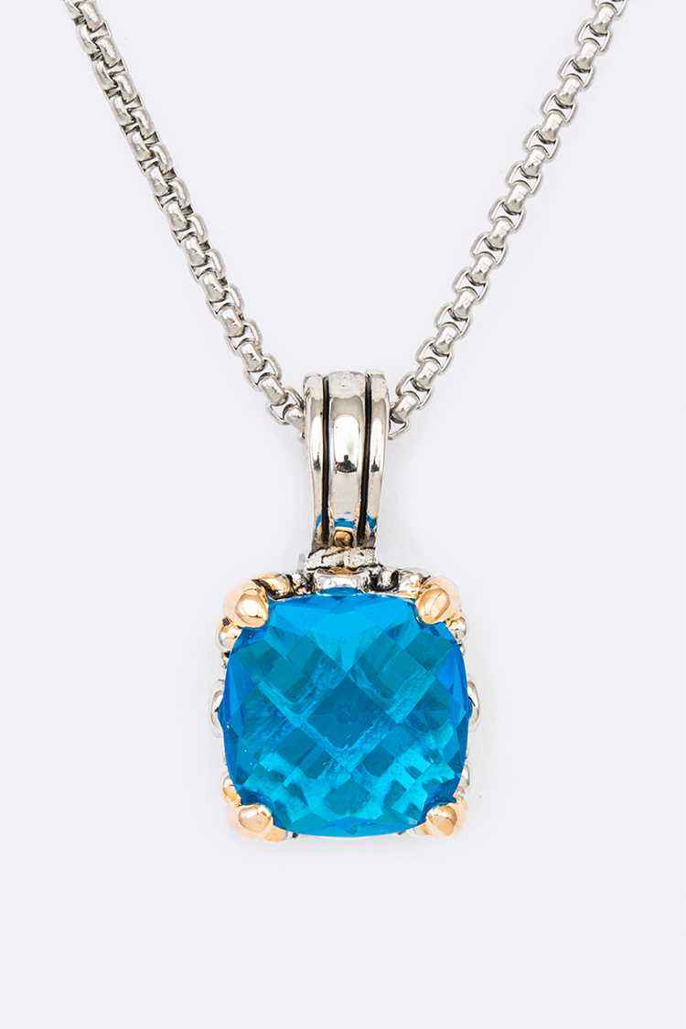 Aqua Cushion Cut CZ Pendant Necklace-M H W ACCESSORIES