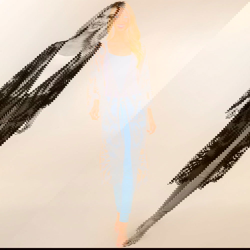 BLACK FLOWER MESH KIMONO COVER UP - M H W ACCESSORIES LLC