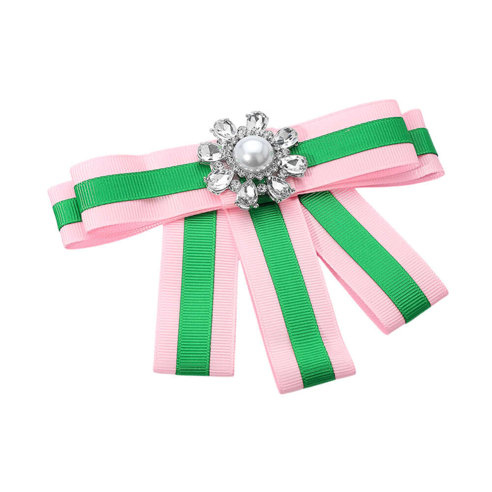 Pink & Green Pearl Cluster Pointed Color Block Bow Brooch / Hair Clip