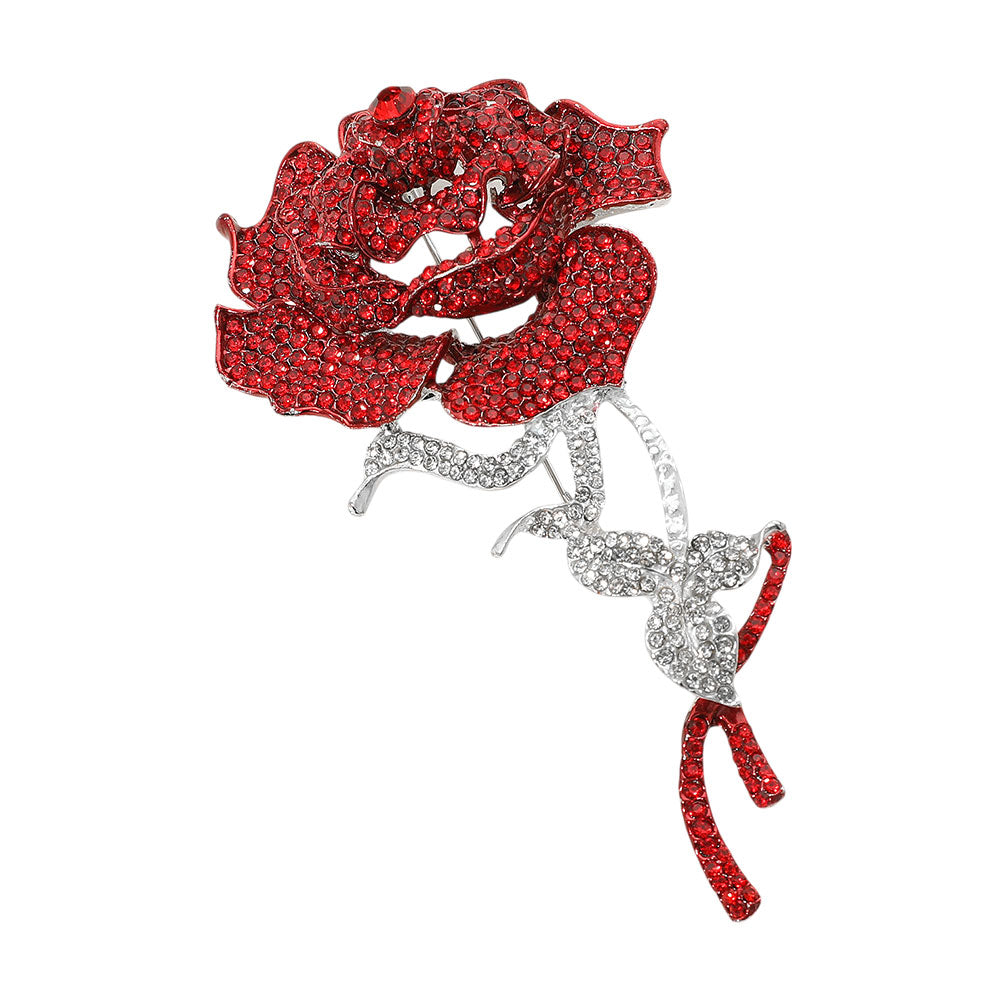 Red & White Paved Rose Stem Pin Brooch