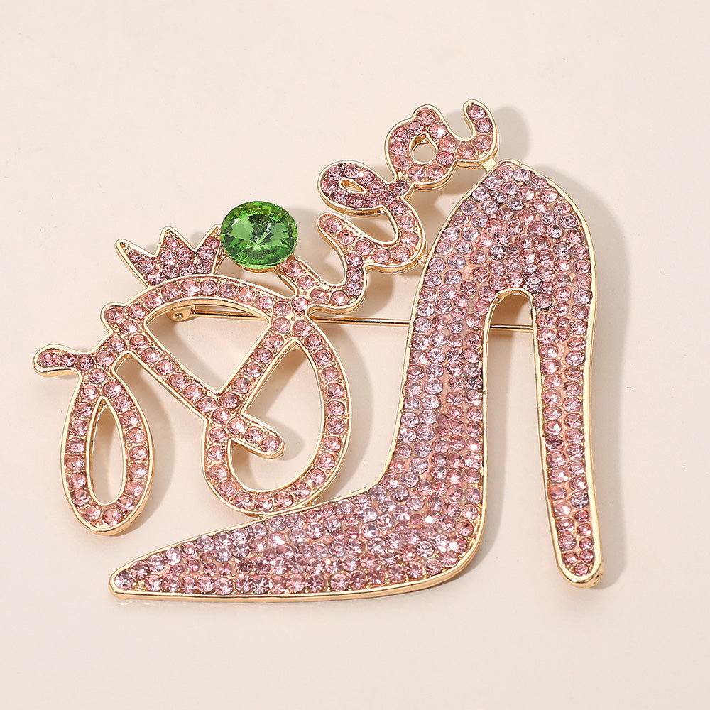 Diva Message Glamorous High Heel Pink & Green Crystal Rhinestone Pin Brooch