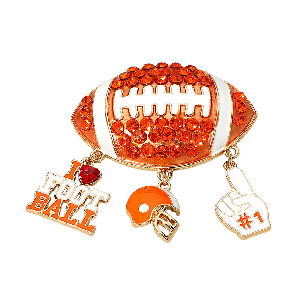 Orange Bling Studded Football Pin Brooch