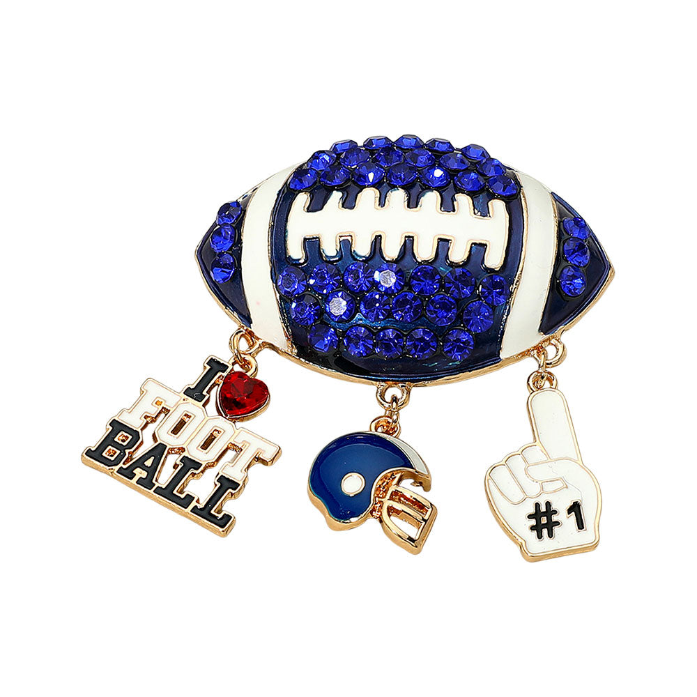 Gold, Sapphire, White Bling Studded Football Pin Brooch