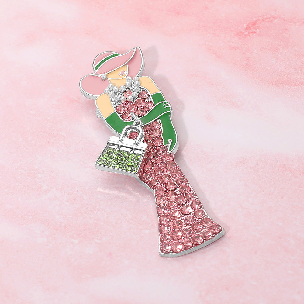 Pink & Green Rhinestone Elegant Lady with Handbag and Pearls Pin Brooch