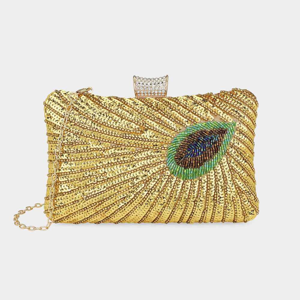 Beaded Sequin Peacock Gold Clutch Evening Bag / Crossbody Bag