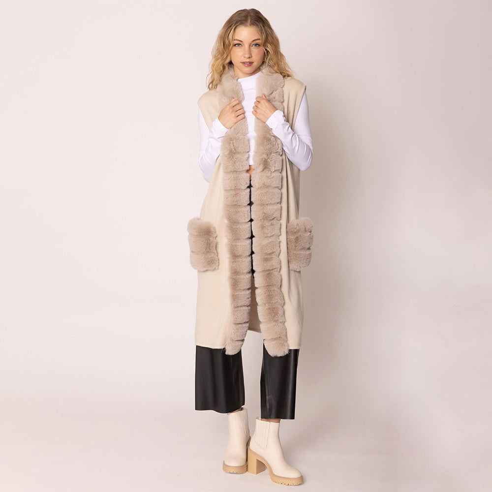 Beige Faux Fur Long Vest
