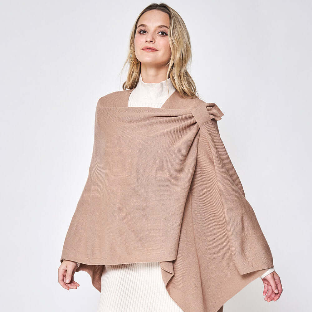Beige Shoulder Strap Solid Ruana Poncho - M H W ACCESSORIES LLC