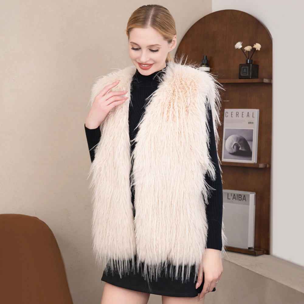 Beige Solid Faux Fur Vest
