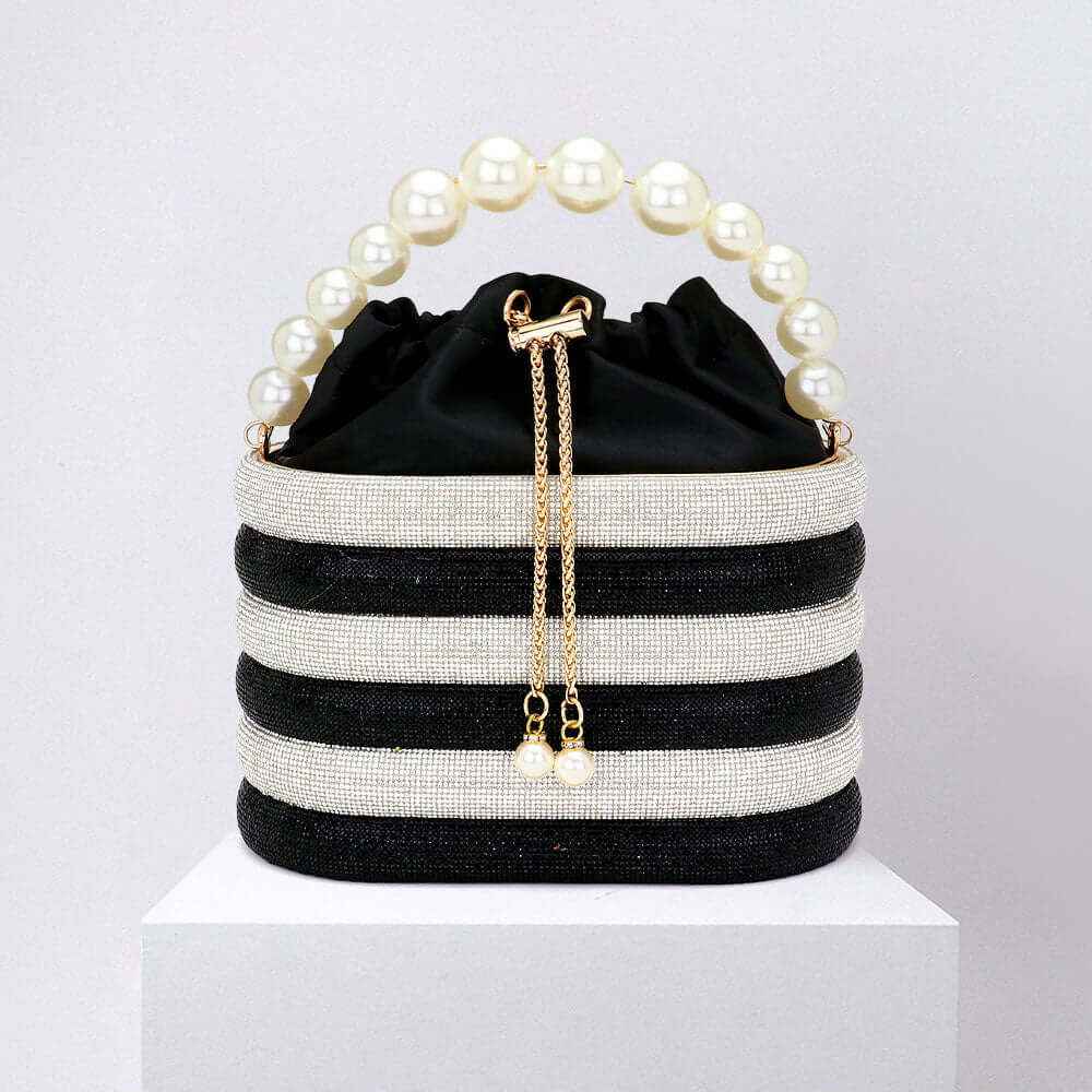 Black Bling Pearl Top Handle Drawstring Box Crossbody Bag