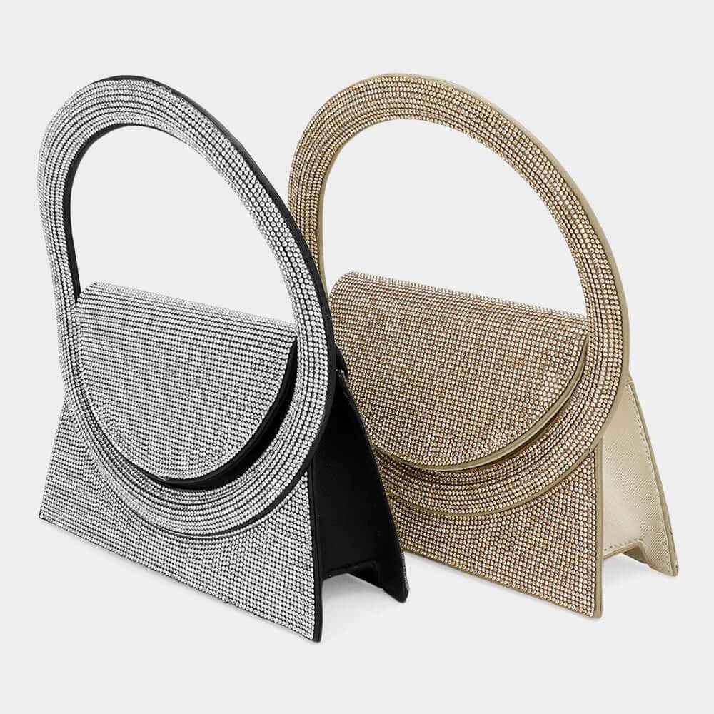 Black Bling Studded Oversized Round Top Handle Mini Evening Bag / Crossbody Bag