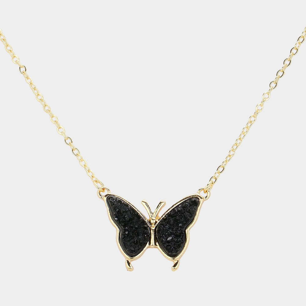 Black Butterfly Druzy Pendant Necklace - M H W ACCESSORIES LLC