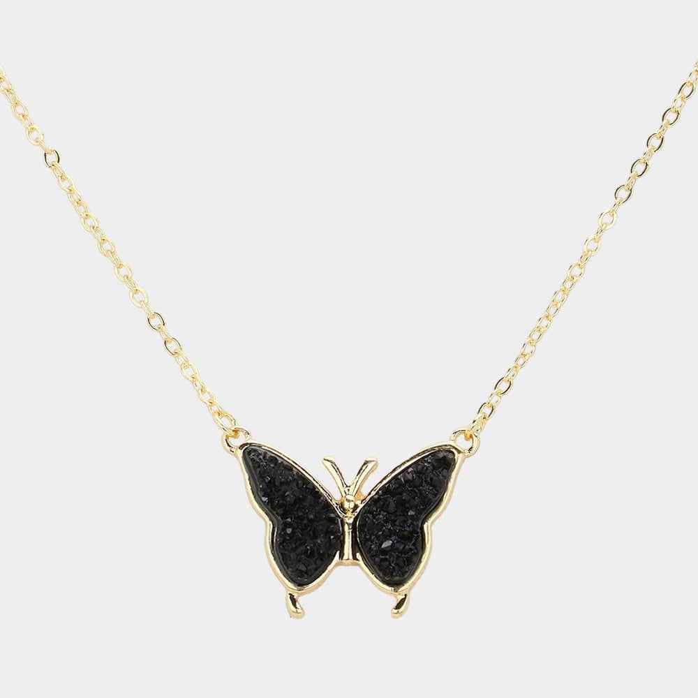 Black Butterfly Druzy Pendant Necklace